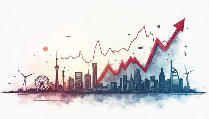 An abstract representation of a fluctuating economic graph intertwined with symbols of global trade